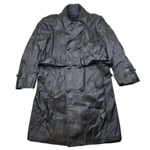 Schott Leather Trench Coat Mens Large 42 Black Double Breasted Belted VTG